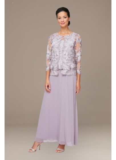 Petite Long Lace A-Line Dress with Illusion Jacket - Make an elegant statement in this petite two-piece